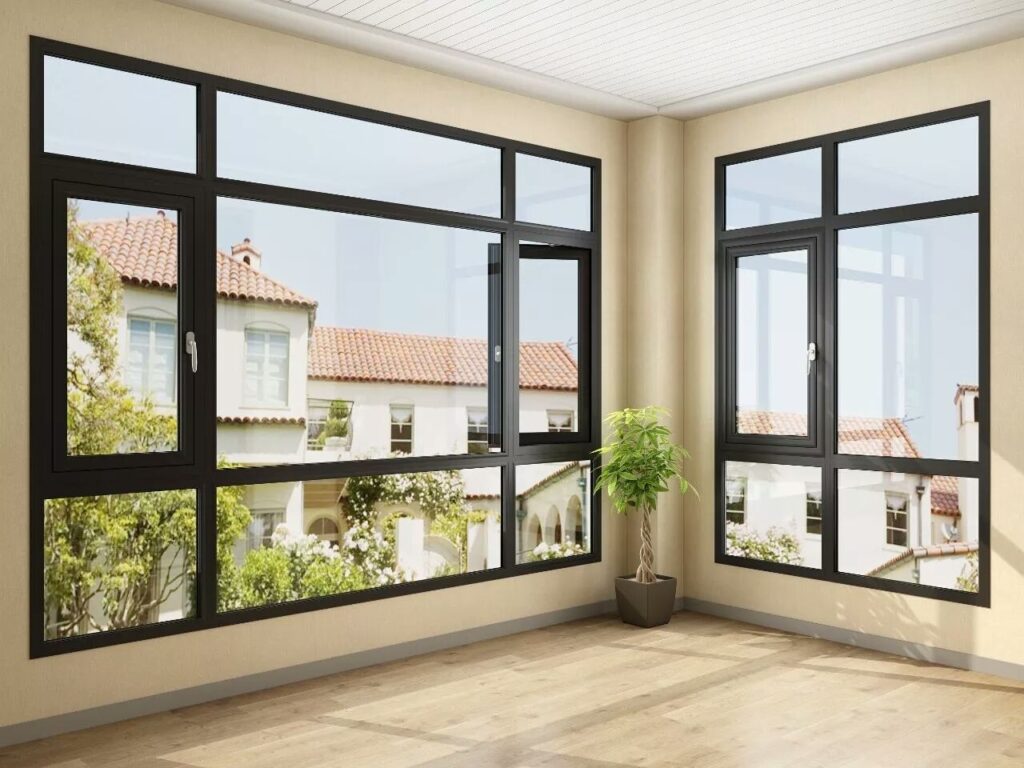 Aluminum crank casement windows are hinged at the side and swing outside or inside with a crank handle, which is popular for USA market. They can fully open to 90 degree allowing max ventilation and daylighting. They have great airtightness performance when completely closed.